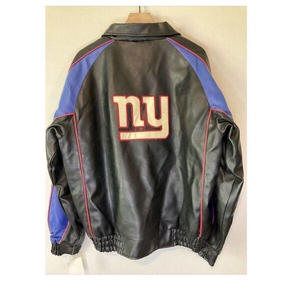 Vintage NFL Mens Large New York Giants Pleather Jacket Full Zip Black Blue NWT - Picture 2 of 3